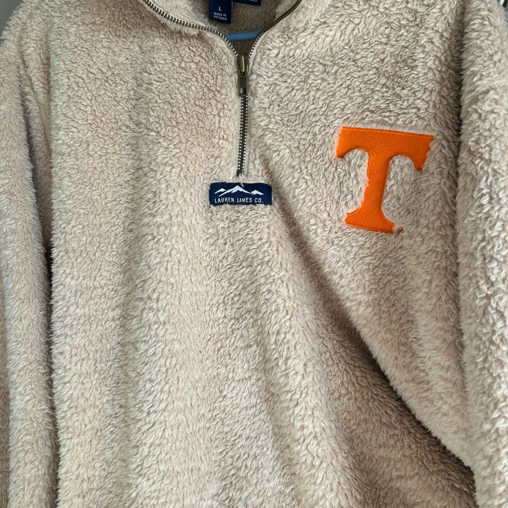 Lauren James Co. Beige Fleece Pullover with Orange T Logo